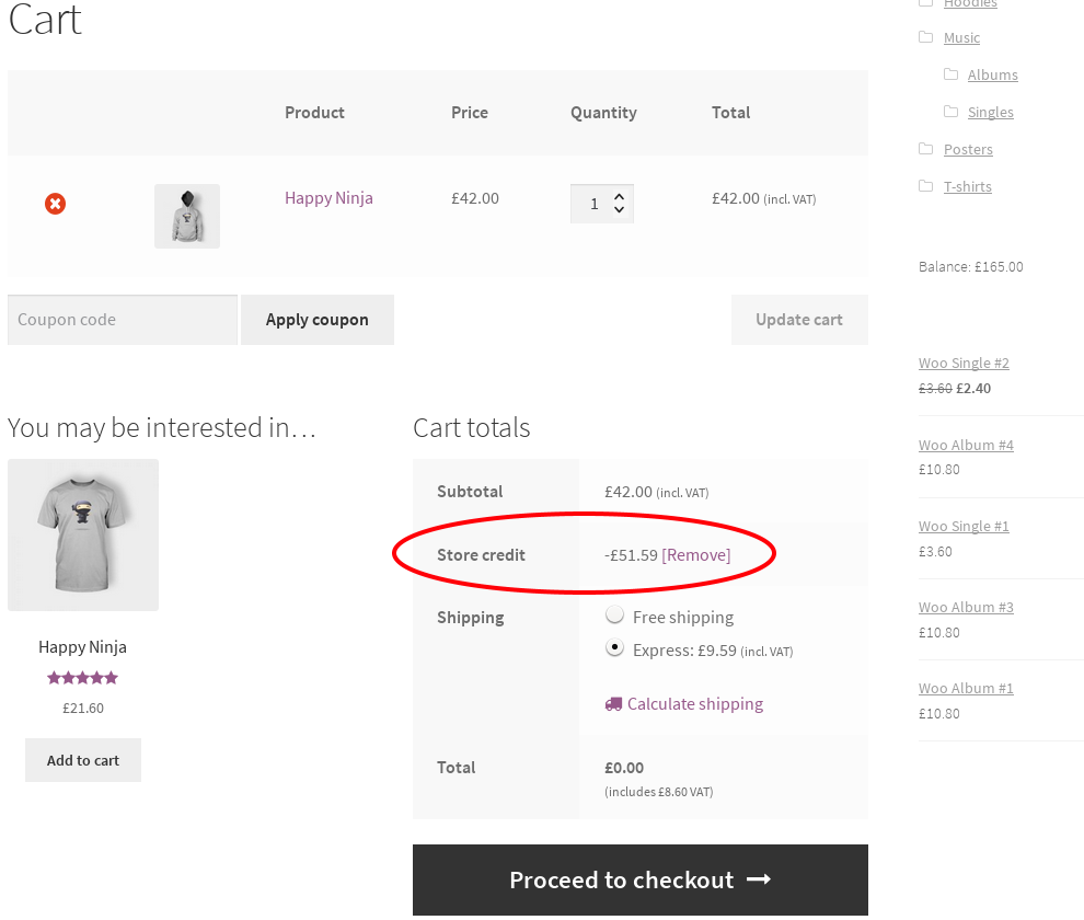 AwoCoupon WooCommerce cart after applying store credit
