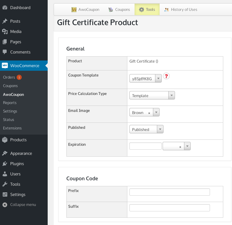 AwoCoupon gift certificate product edit