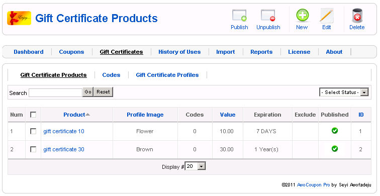 gift certificate products