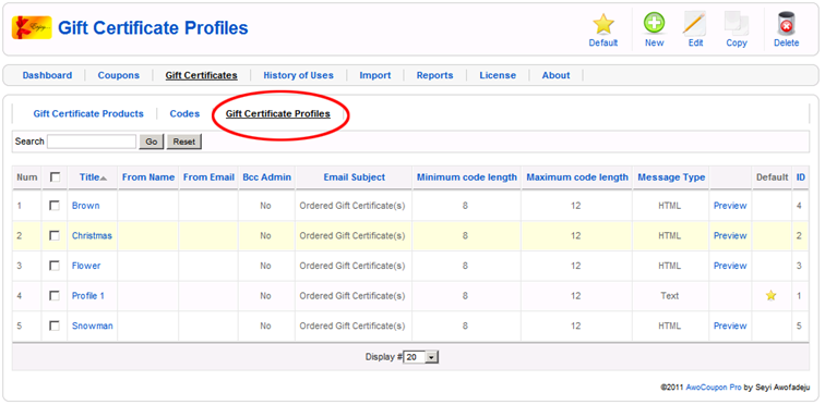 gift certificate profile